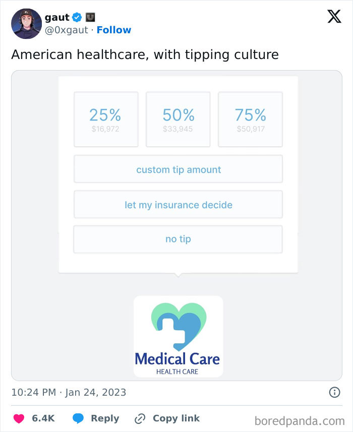 Tipping options for American healthcare showing exaggerated tip percentages highlighting ridiculous tipping culture.