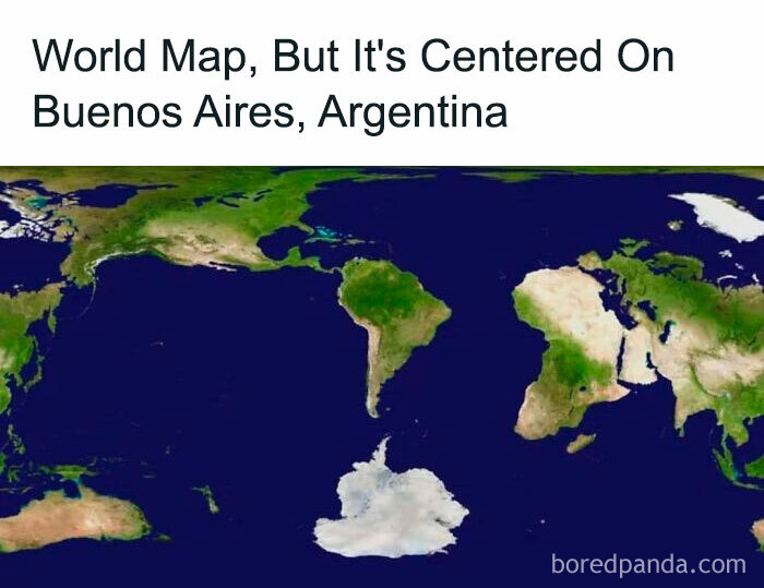 World map centered on Buenos Aires, Argentina, showing global geography with interesting information presented through maps.