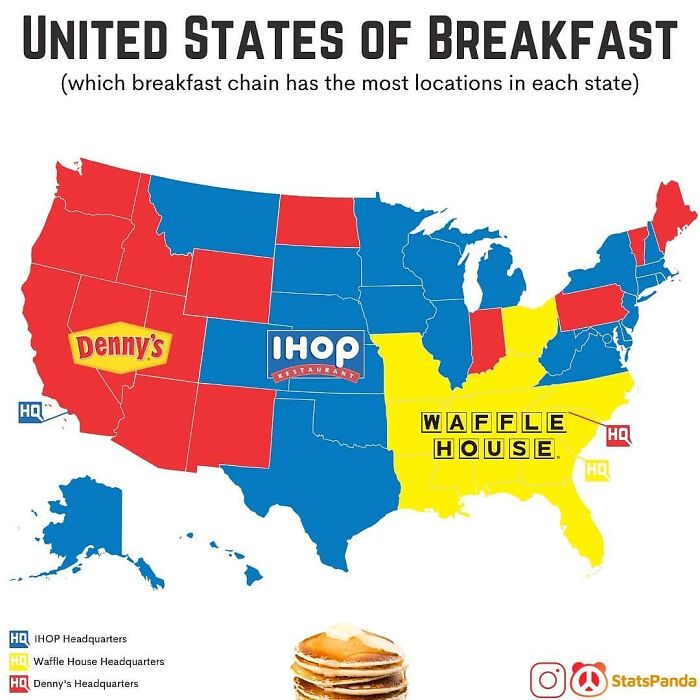 Color-coded map showing breakfast chains with most locations by state in the US, using charts and graphs for data visualization.