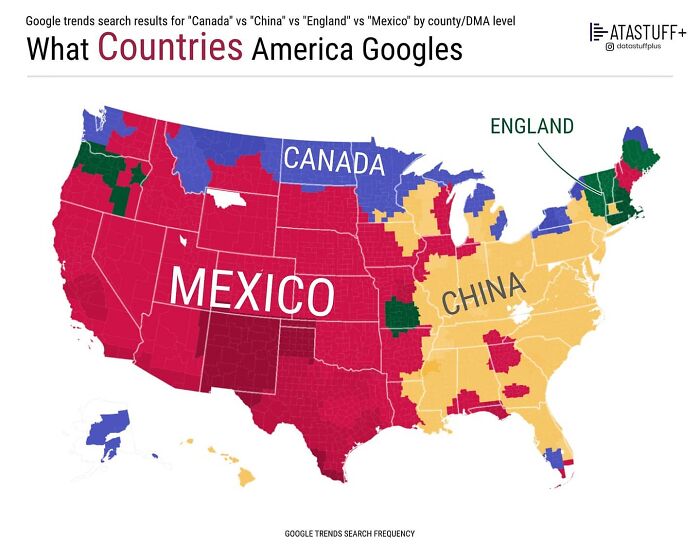 Map showing Google search trends in America by country, using charts and graphs to present interesting information.