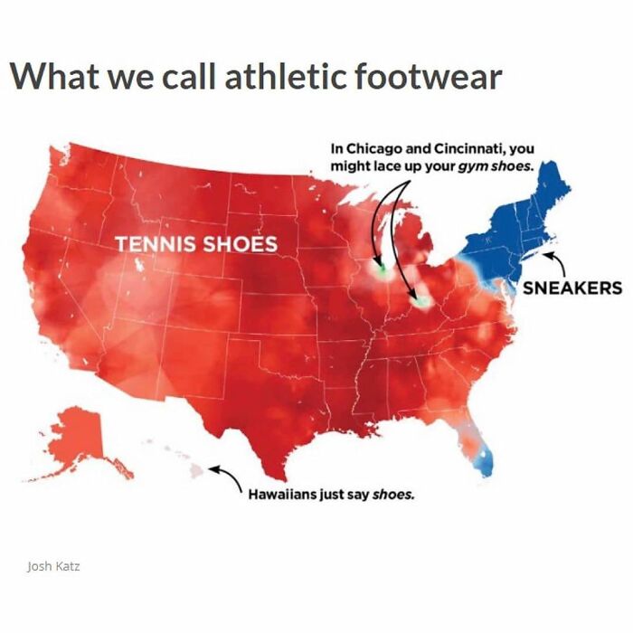 Map showing regional terms for athletic footwear across the US, presenting interesting information through charts and graphs.