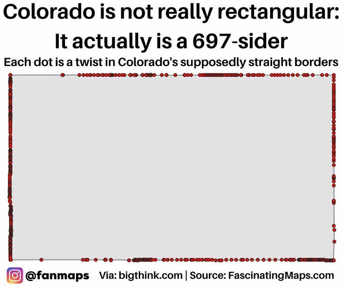 Map and chart showing Colorado's 697-sided border with dots marking twists in its supposedly straight lines.