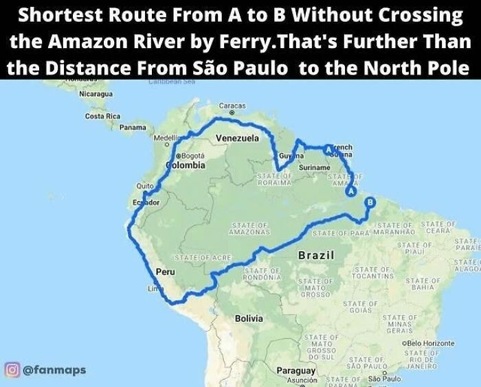 Map showing the shortest route from A to B in Brazil without crossing the Amazon River, with interesting information presented.