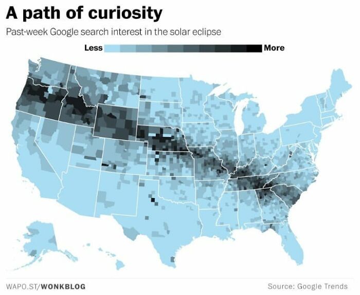 US map showing past-week Google search interest in the solar eclipse, visualizing data through maps, charts, and graphs.