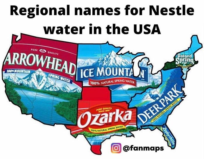 Map showing regional names for Nestle water brands in the USA, presenting interesting information through maps and charts.