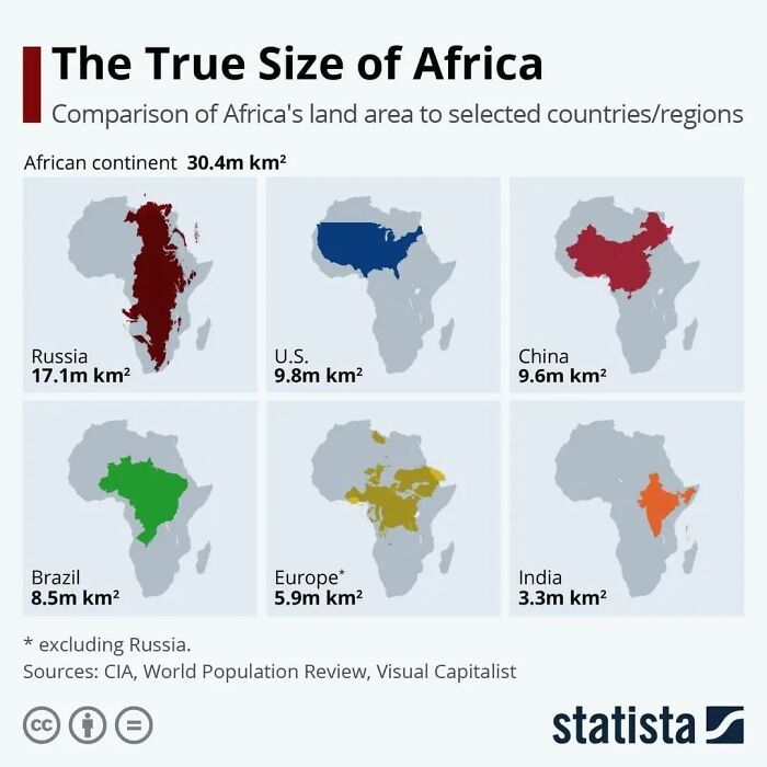 Map and chart showing Africa's true size compared with selected countries and regions, highlighting land area differences.