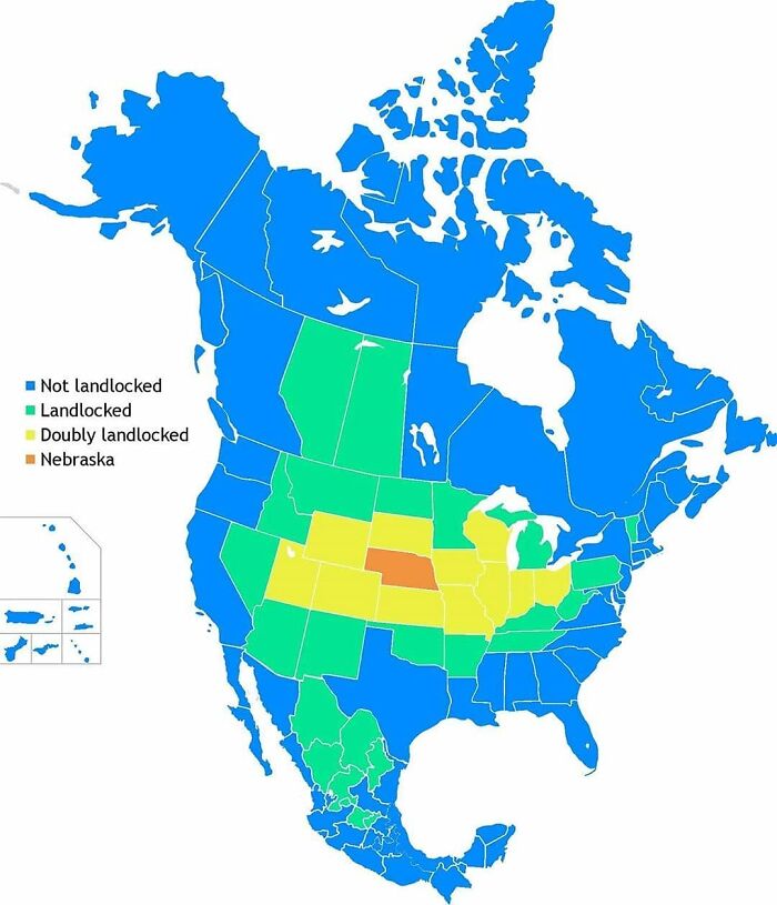 Map of North America showing landlocked, doubly landlocked, and not landlocked regions with color-coded chart for easy reference.