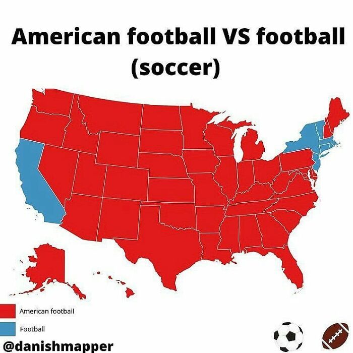 Map showing American football vs soccer preferences across the United States using color-coded visual data.