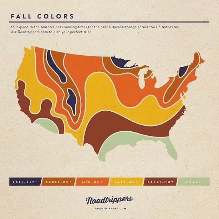 Map showing fall colors and peak autumn foliage times across the United States with charts and interesting information.