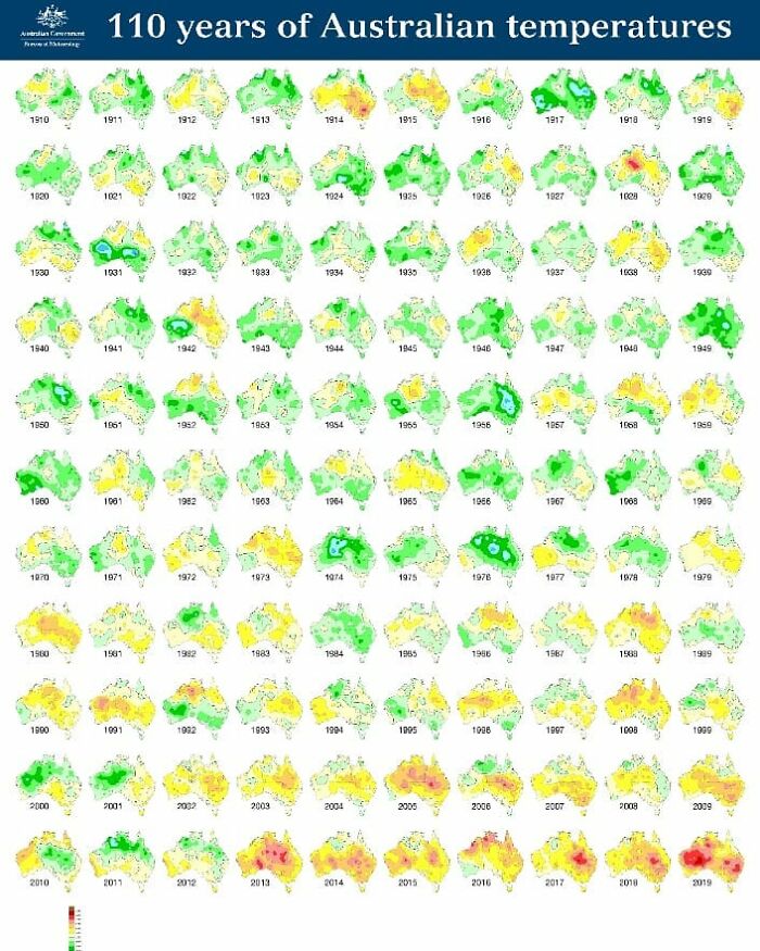 110 years of Australian temperatures shown through maps, charts, and graphs illustrating climate trends over time.