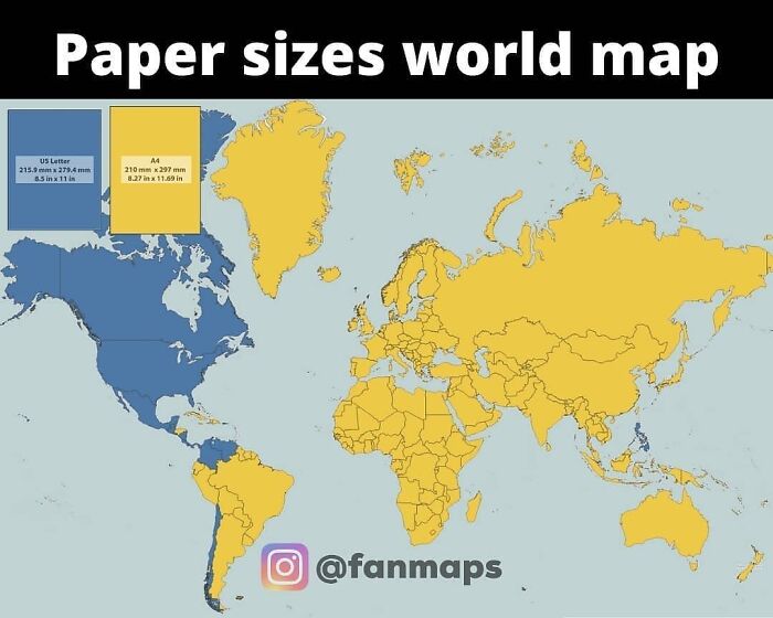 World map showing countries using US Letter and A4 paper sizes in a clear chart format.