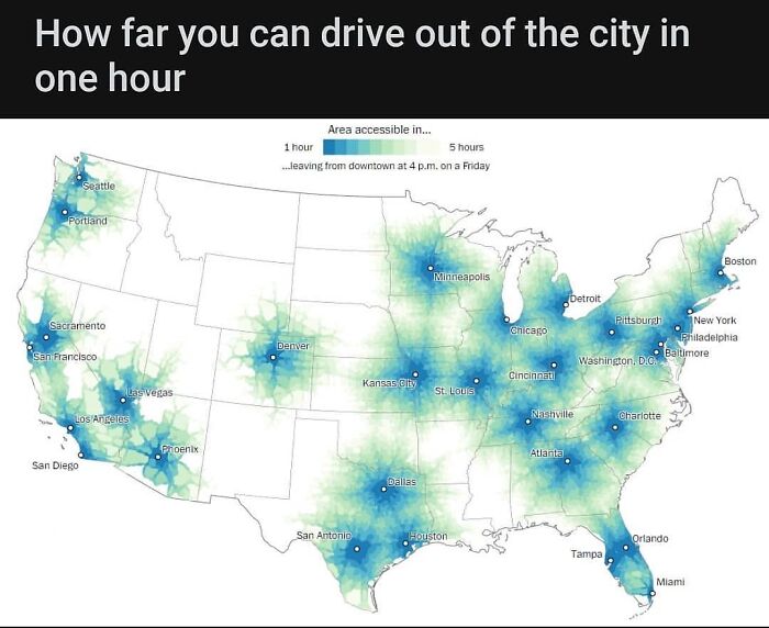 Heat map showing how far you can drive out of major US cities in one hour, with interesting information presented through maps and charts.