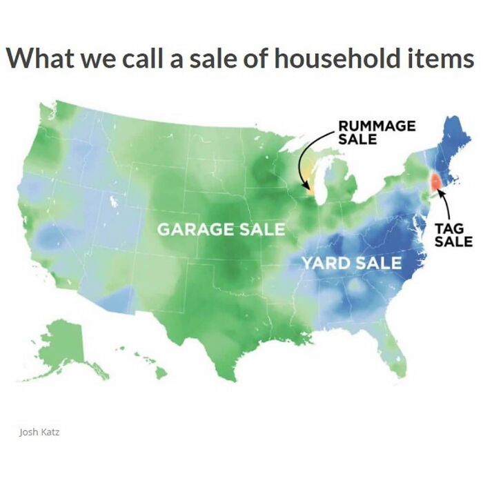 US map showing interesting information on regional terms for household item sales like garage, yard, tag, and rummage sales.