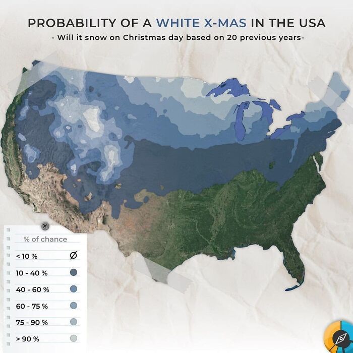 Map chart showing the probability of a white Christmas across the USA with color-coded percentages and interesting information presented through maps.
