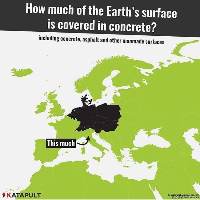 Map showing how much of the Earth's surface is covered in concrete, asphalt, and manmade surfaces in Europe.