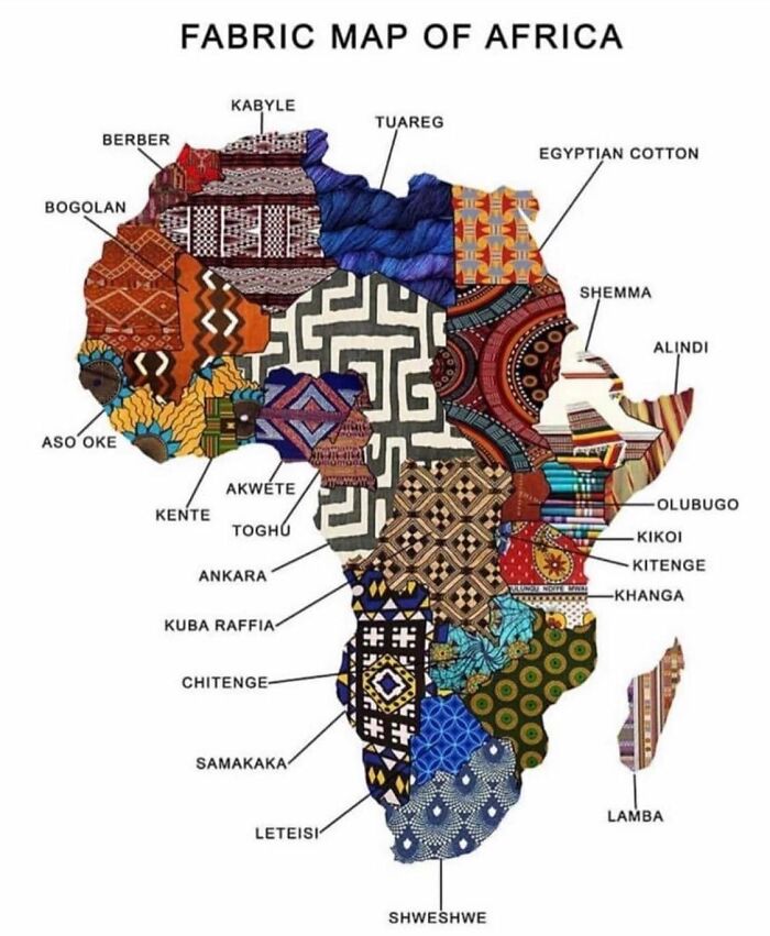 Fabric map of Africa showing different traditional textiles and patterns, presenting interesting information through maps and charts.