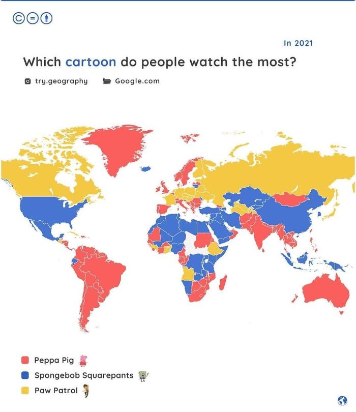 World map with interesting information presented through charts showing most-watched cartoons by country in 2021.