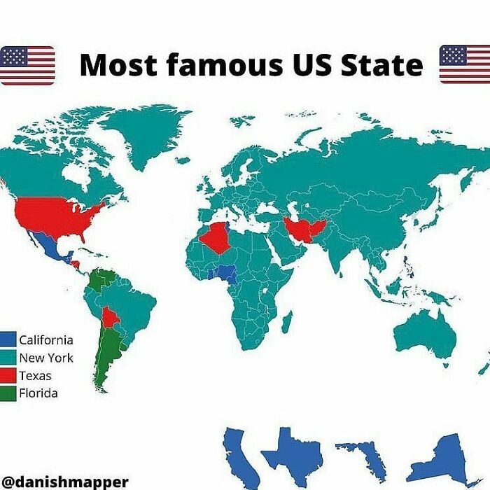 World map chart showing the most famous US states globally with California, New York, Texas, and Florida highlighted.