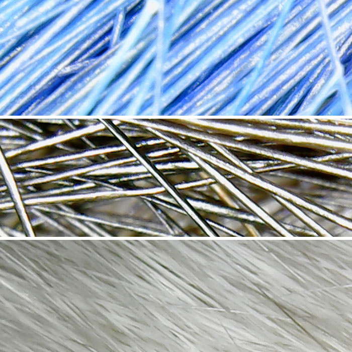 Close-up microscopic images of blue thread, sewing needles, and white fibers showing detailed textures and structure.