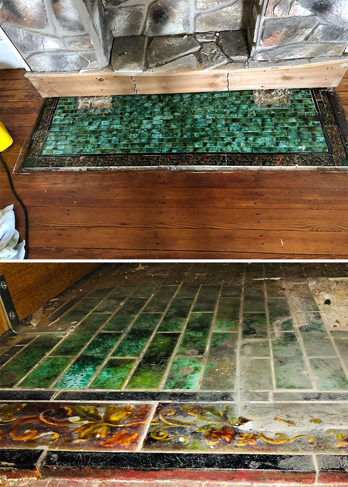 Hidden green and floral patterned tiles discovered buried beneath wooden flooring in an old house restoration project.