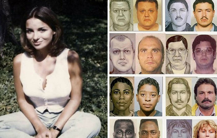 Young woman sitting outdoors in nature alongside a collage of bizarre animal and human portraits with unusual features.