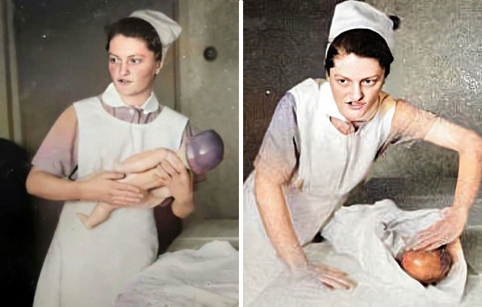 Vintage nurse wearing white uniform and cap, holding and tending to a baby, showcasing bizarre nature and animal facts.