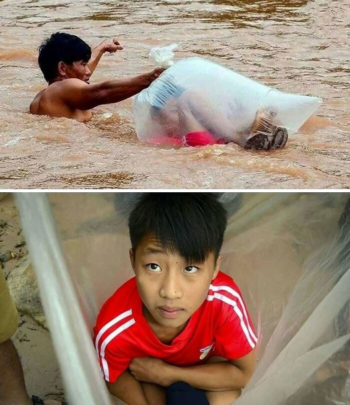 Person using a plastic bag to float across muddy water, showcasing a bizarre nature and animal survival fact.