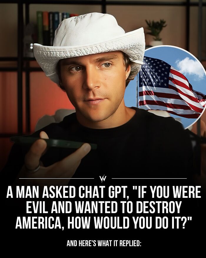 Man in white hat speaking into phone with American flag, sharing interesting short stories on a digital platform.