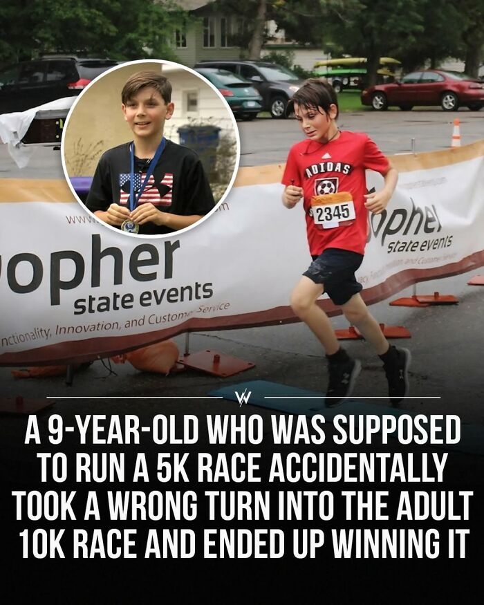 Young boy winning a 10K race after accidentally joining the wrong race, featured in interesting short stories collection.