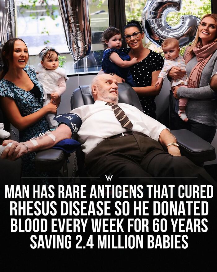 Elderly man donating blood surrounded by women and babies, illustrating interesting short stories about rare antigens.