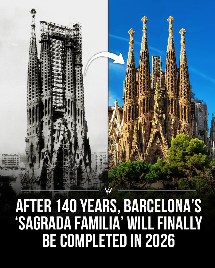 Split image showing before and after completion of Barcelona’s Sagrada Familia, related to interesting short stories about historic landmarks.