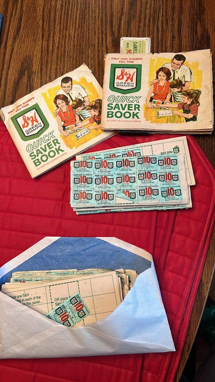 Vintage S&H Green Stamps and quick saver books, unexpected things found in walls and hidden places in homes.