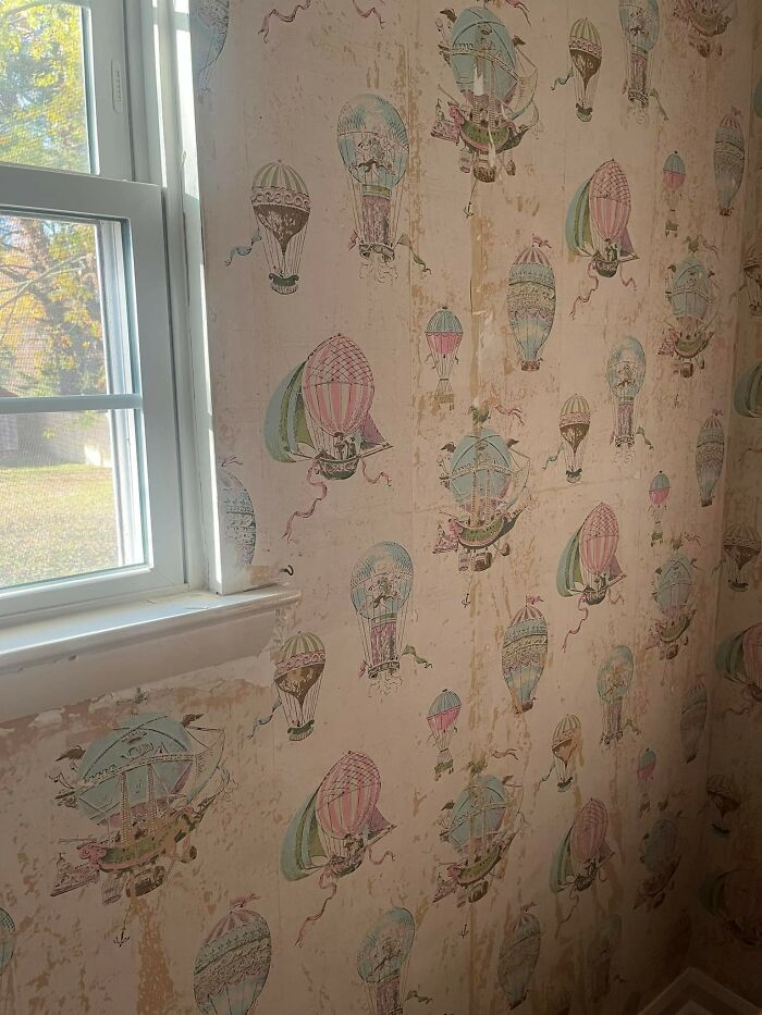 Wall wallpaper with vintage hot air balloon designs revealing unexpected things found in walls and hidden places in homes.