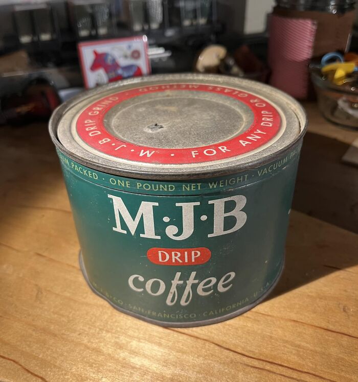 Vintage MJB drip coffee can found hidden in walls and other unexpected places in people’s homes.