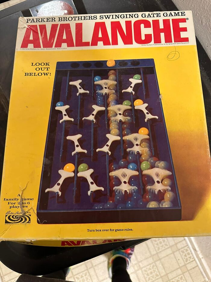 Vintage Parker Brothers Avalanche game box showing the family game with colorful marbles and plastic gates, unexpected finds in homes.