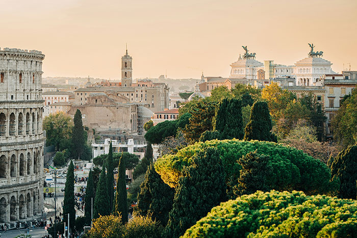 Ancient Rome cityscape with the Colosseum and lush greenery symbolizing facts to keep the brain active and healthy.