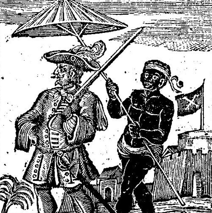 Vintage illustration of two men, one holding an umbrella, depicting historical facts to keep the brain active and healthy.