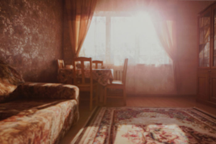 Sunlit cozy living room with vintage sofa, dining table, and patterned rug, illustrating facts to keep the brain active and healthy.