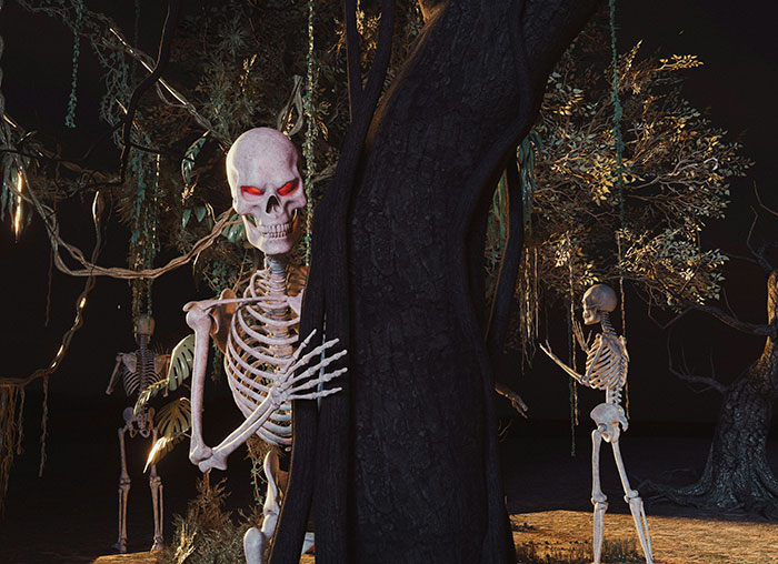Three skeletons with glowing red eyes in a dark forest, illustrating spooky facts to keep the brain active and healthy.