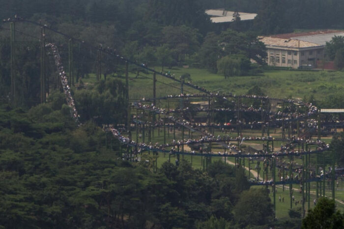 Roller coaster with long queues surrounded by trees and buildings, illustrating one of the most interesting mysteries.