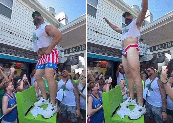 Jason Kelce in patriotic undies and cropped top at a lively charity event, drawing attention to his bulge. Jason Kelce in patriotic undies and cropped top at a lively charity event, drawing attention to his bulge.
