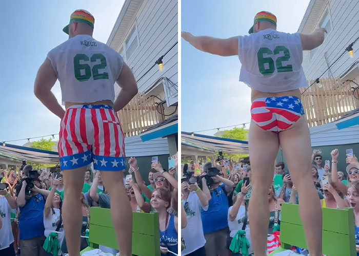 Jason Kelce's bulge in patriotic underwear at a lively charity event with an excited crowd and photographers. Jason Kelce's bulge in patriotic underwear at a lively charity event with an excited crowd and photographers.