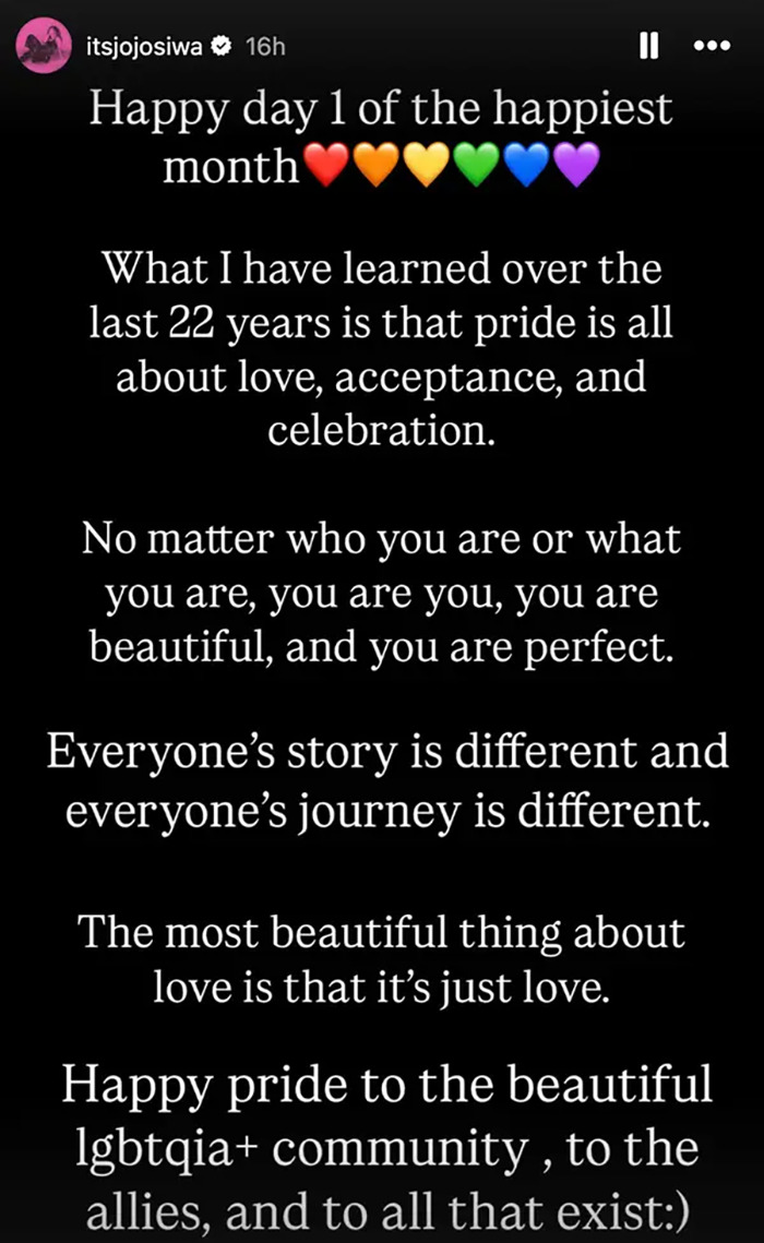 Instagram post from JoJo Siwa about Pride Month, expressing love, acceptance, and support for the lgbtqia+ community.