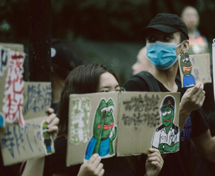 Protesters holding signs with Pepe the Frog illustrations, capturing unique I Was There When It Was Written moments.