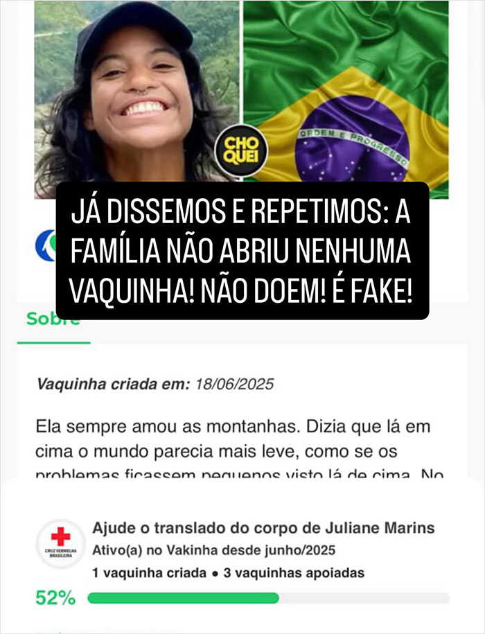 Image showing a smiling woman and Brazilian flag with text denying fundraising claims amid active volcano guide controversy. Image showing a smiling woman and Brazilian flag with text denying fundraising claims amid active volcano guide controversy.