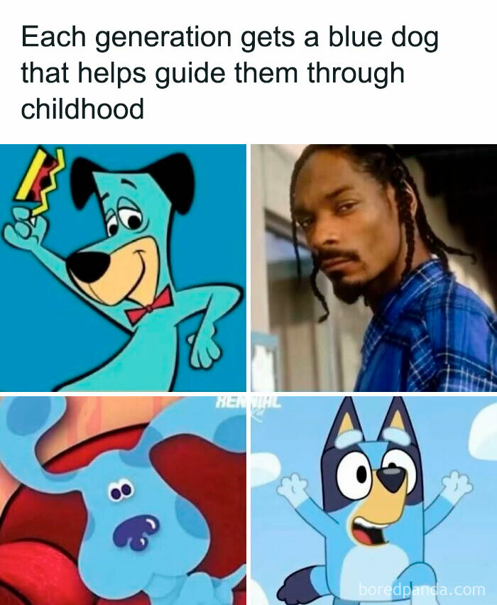 Collage of blue dogs from different generations paired with a photo of a man, featuring cute and wholesome posts.