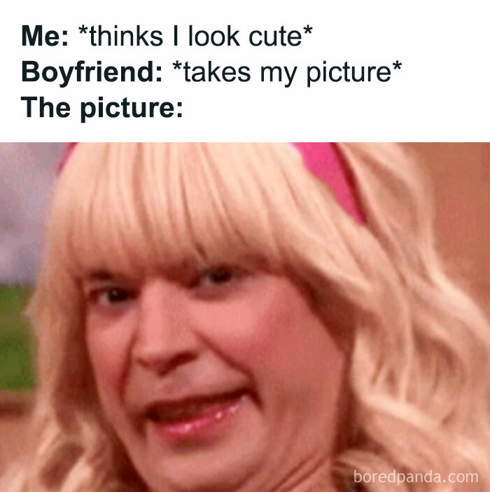 Funny selfie meme showing a distorted face with a blonde wig, highlighting cute and wholesome girlies posts humor.