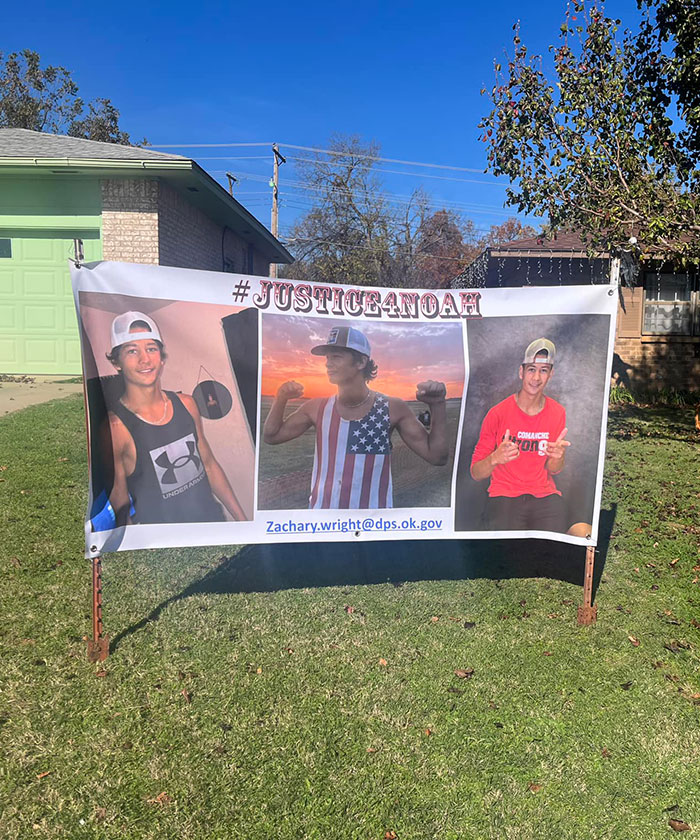 Banner showing photos of a teen with hashtag justice4noah, related to family filing lawsuit naming suspects. Banner showing photos of a teen with hashtag justice4noah, related to family filing lawsuit naming suspects.
