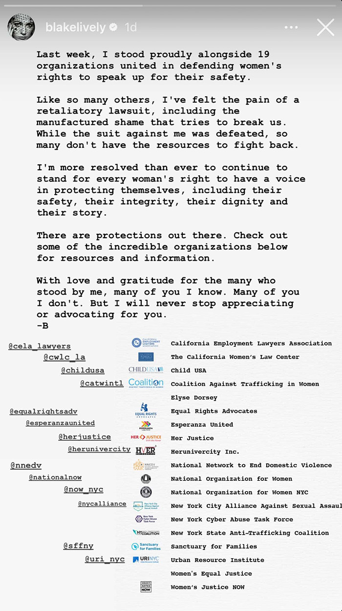 Instagram post by Blake Lively addressing lawsuit, mentioning resources and lawyers amid Justin Baldoni's legal response.