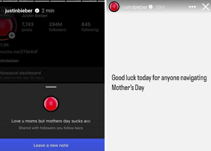Screenshots of Justin Bieber's social media posts about Mother's Day and Hailey Bieber's Father's Day revenge post.